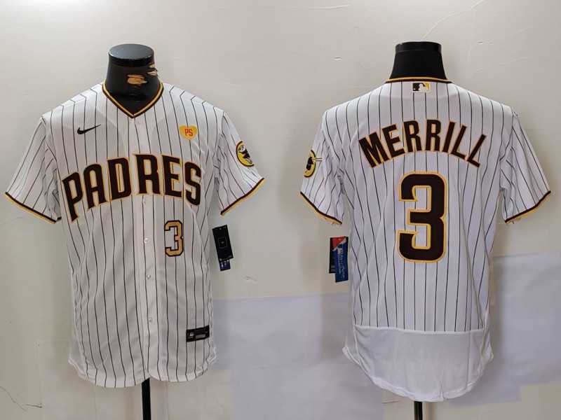 Men%27s San Diego Padres #3 Jackson Merrill White With PS Patch Stitched Flex Base Jerseys->san diego padres->MLB Jersey